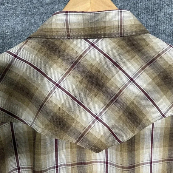 Western Plaid Shirt Mens Medium Tan Short Sleeve Pearl Snap Flap Pockets Cowboy - Picture 5 of 7